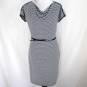 Calvin Klein Navy, White Striped Cowl Neck Dress